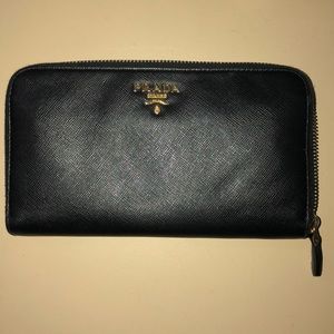 Prada Black Saffiano Zip- around wallet